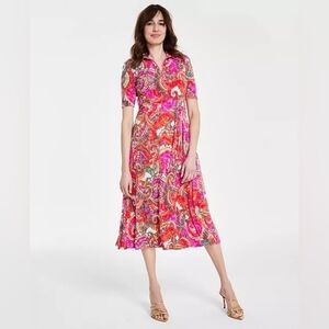 MSK Vibrant Paisley Print Quarter Zip Midi Dress NWOT